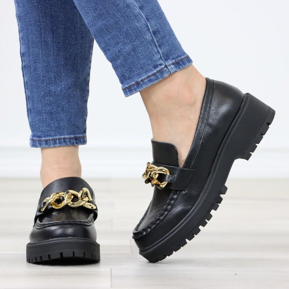 Chunky Lug Sole Slip On Penny Loafers Platform With Gold Chain - Picture 10 of 13